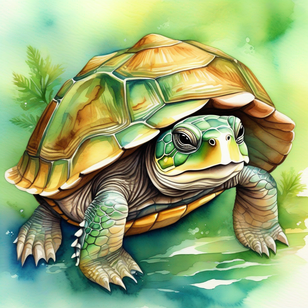 Old An old turtle with a wrinkled brown shell and a kind smile. with wrinkled shell offers to help A small tadpole with a glossy, green body and sparkling eyes. find his mother.
