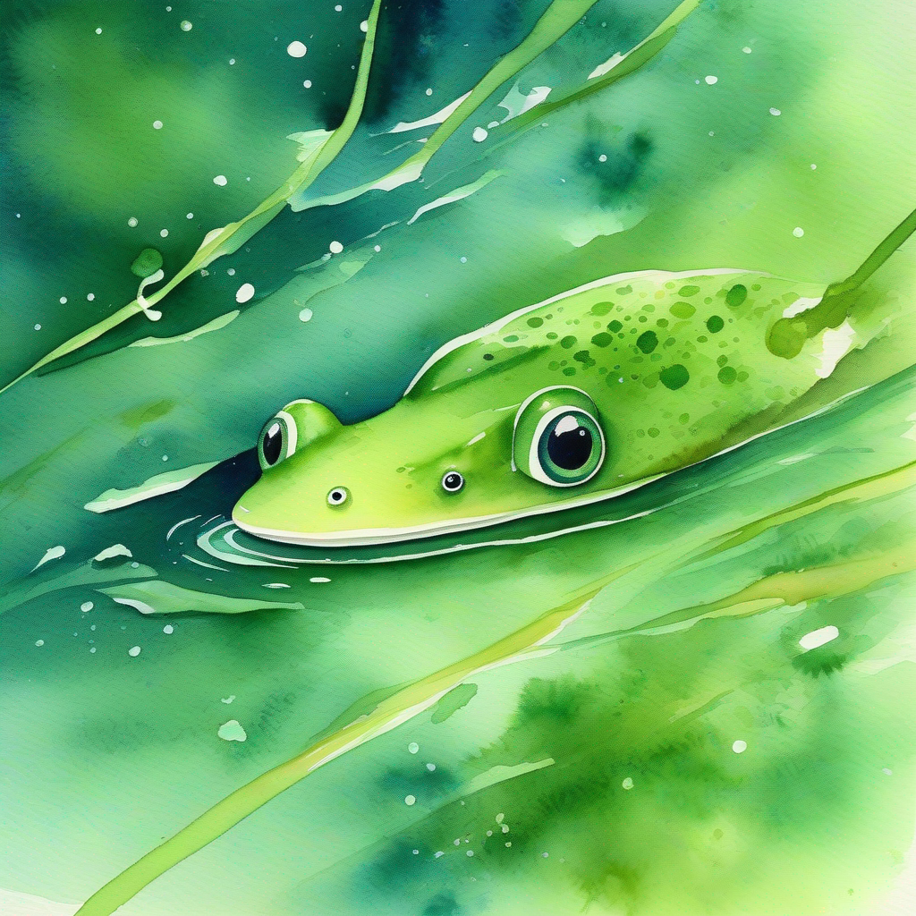 A small tadpole with a glossy, green body and sparkling eyes. finds his mother in a secret part of the pond.