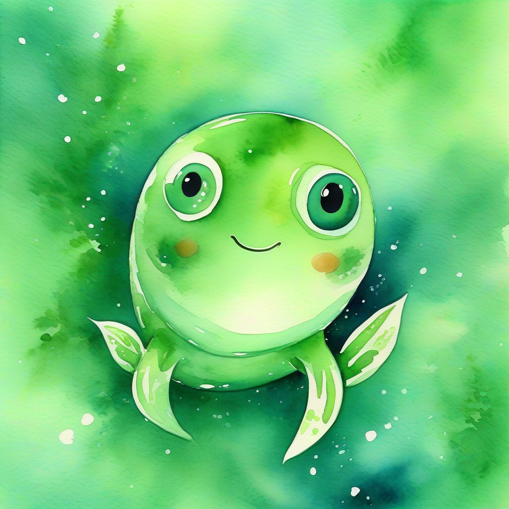 A small tadpole with a glossy, green body and sparkling eyes. reunites with his mother and finds happiness with his family.