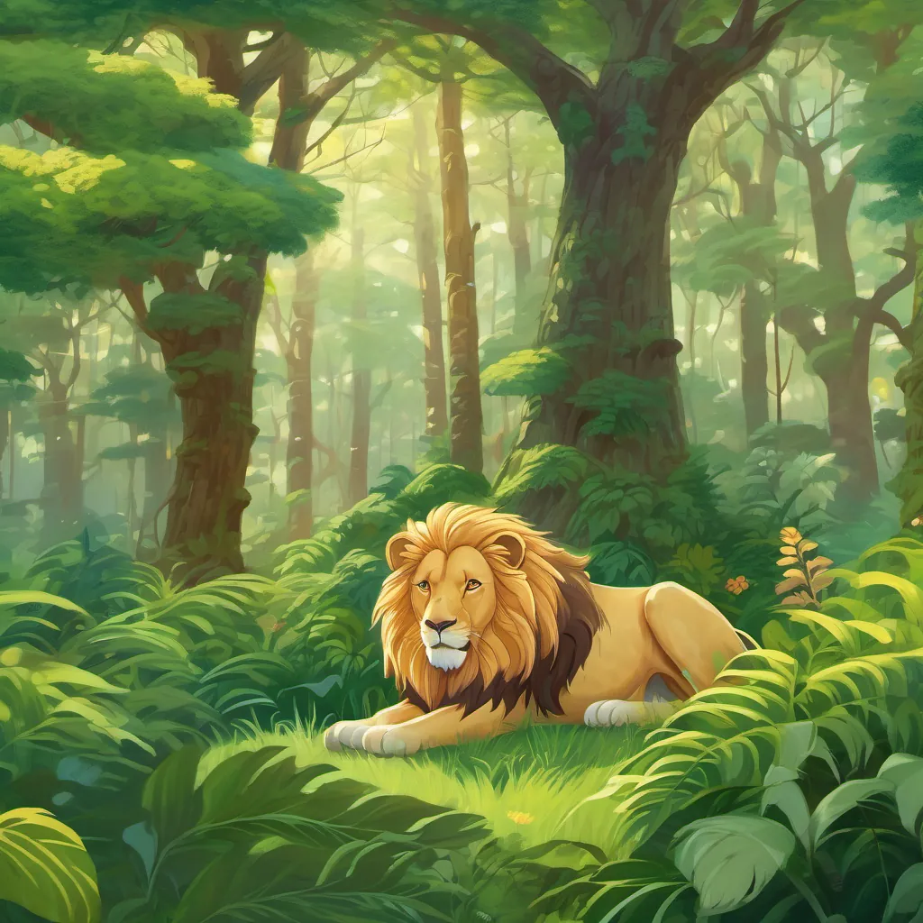 A majestic lion with a grand golden mane, standing proudly in a lush green forest, with small animals peeking from behind the trees.