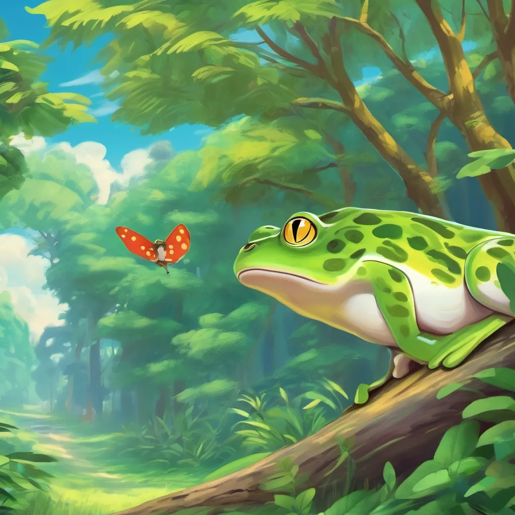 A lively green frog hopping joyfully in a sunny blue-sky forest, with a lion looking on curiously.