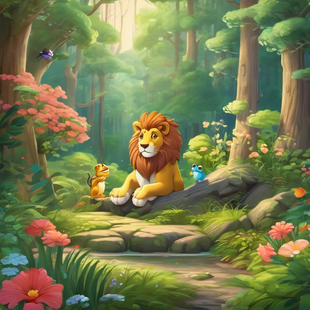 The lion and frog carving a sign in the heart of the forest, decorated with flowers and surrounded by forest life.