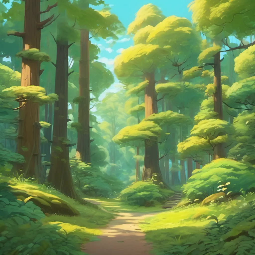 A wide-angle view of the forest with a faint sound of croaking and roaring, and an overall joyful, whimsical atmosphere.