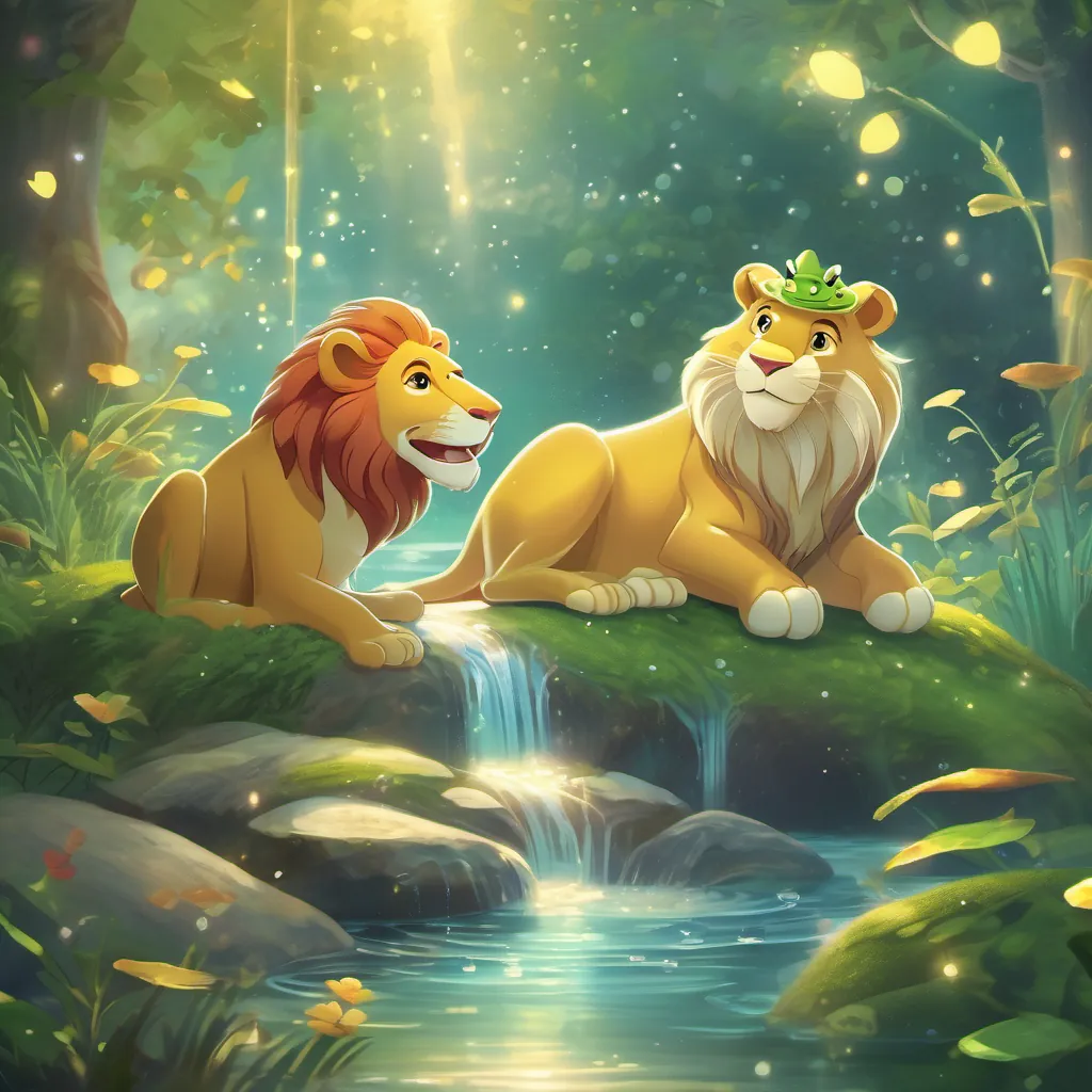 The lion and the frog having fun in a sparkling stream, with light beams creating a magical ambiance around them.