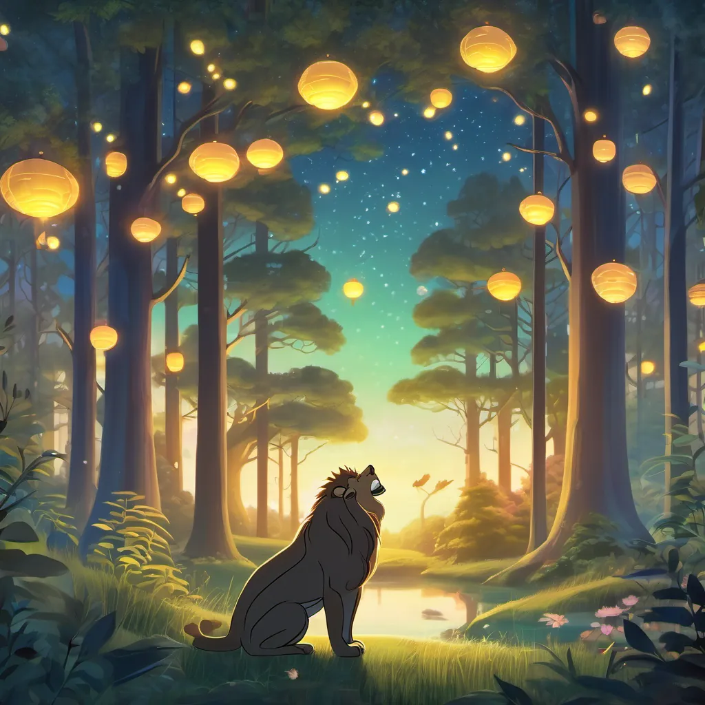 A twilight forest scene with fireflies glowing, and the lion and frog gazing at the starlit sky.