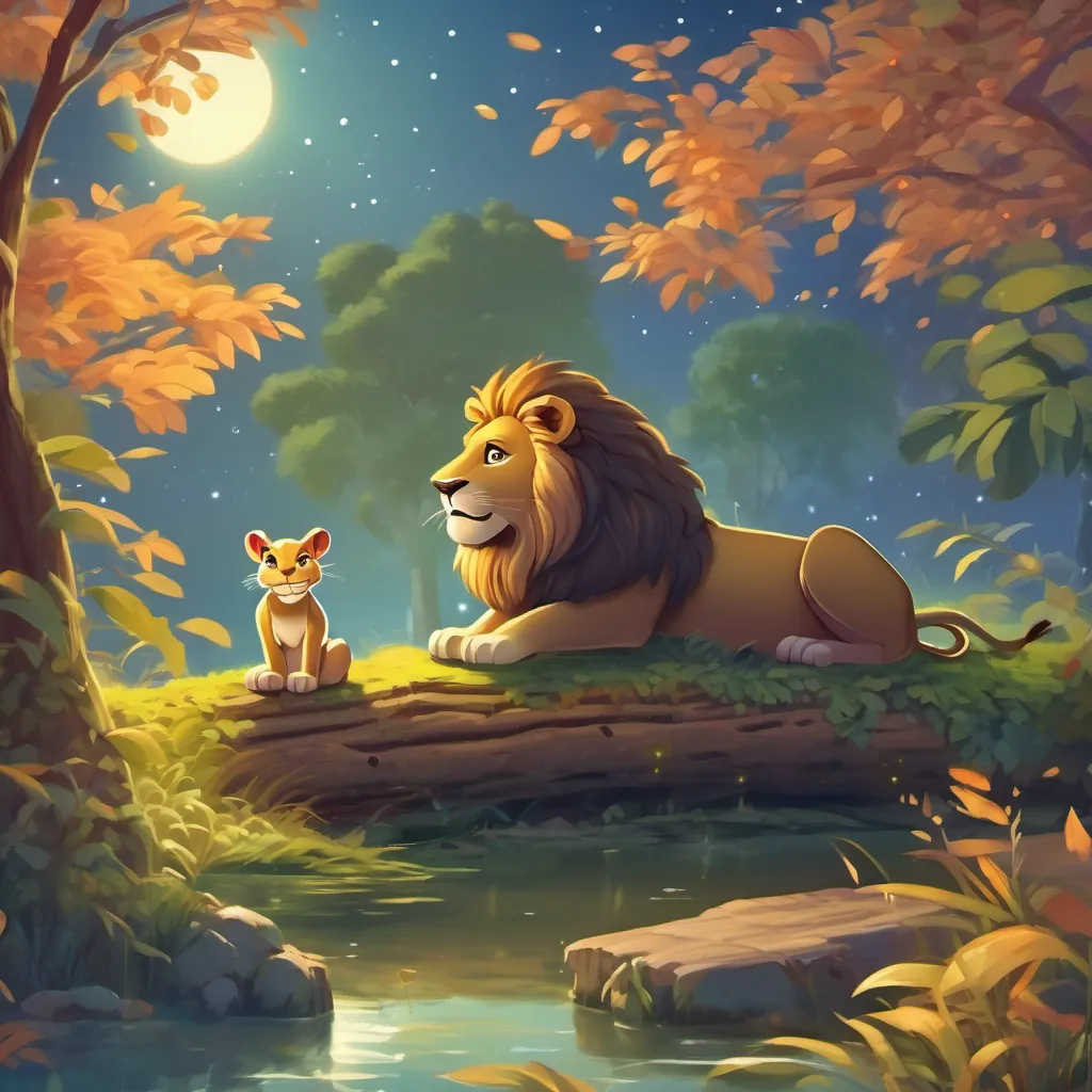The lion and the frog sitting on a log under a starlit sky, with leaves swaying and the lion laughing heartily.