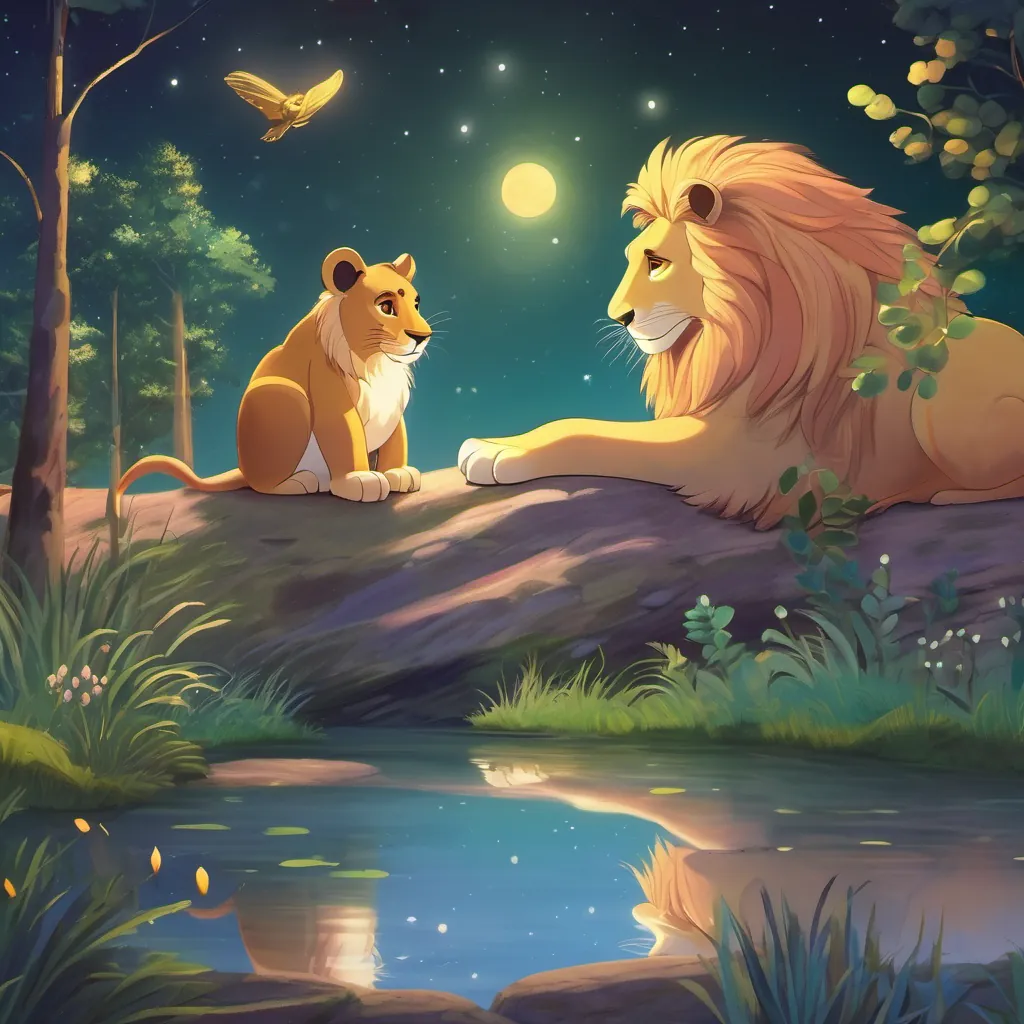 A touching scene with the lion and frog looking at each other kindly, the night sky twinkling above them.