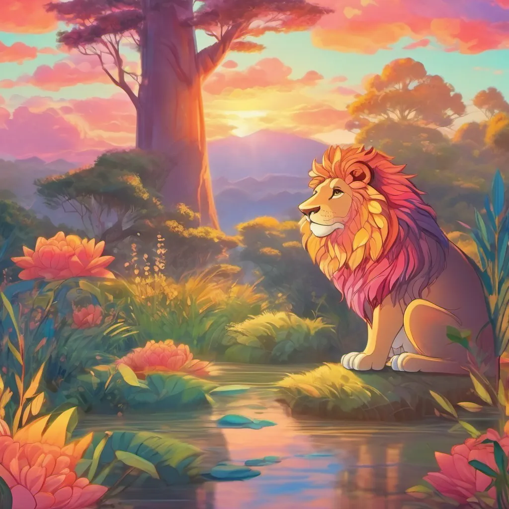 A vibrant dawn with the lion and frog ready for a new day, standing together with the rising sun creating a colorful horizon.