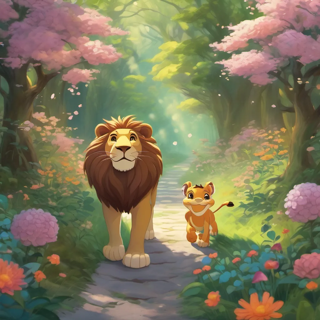 The lion and frog walking through a forest path adorned with blooming flowers, sharing stories and smiling.