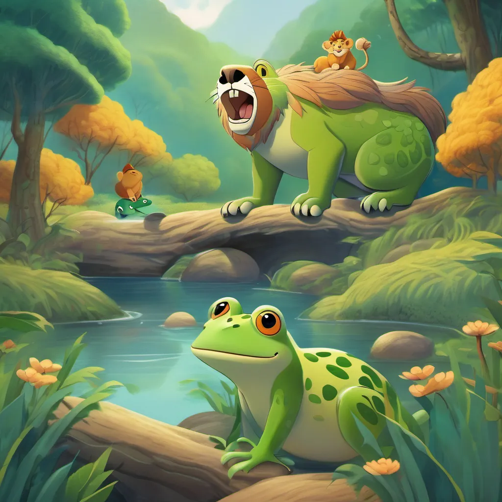 The lion and frog navigating various forest terrains, with backgrounds of hills and rivers as they sing together.