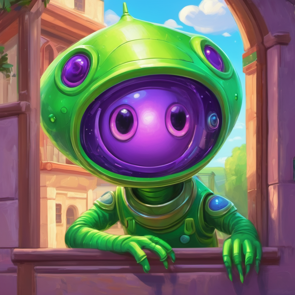 Zog is a green alien with purple eyes and a friendly smile's spaceship landing in a small town, with Zog is a green alien with purple eyes and a friendly smile looking out of the window