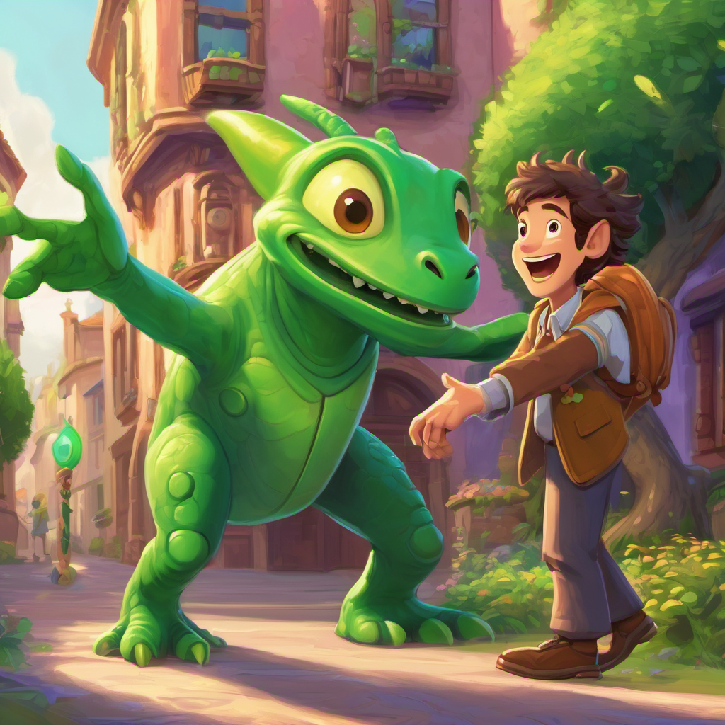 Zog is a green alien with purple eyes and a friendly smile and Eddie is an Earthling with brown hair and a big smile shaking hands, with Eddie is an Earthling with brown hair and a big smile smiling and pointing towards his town