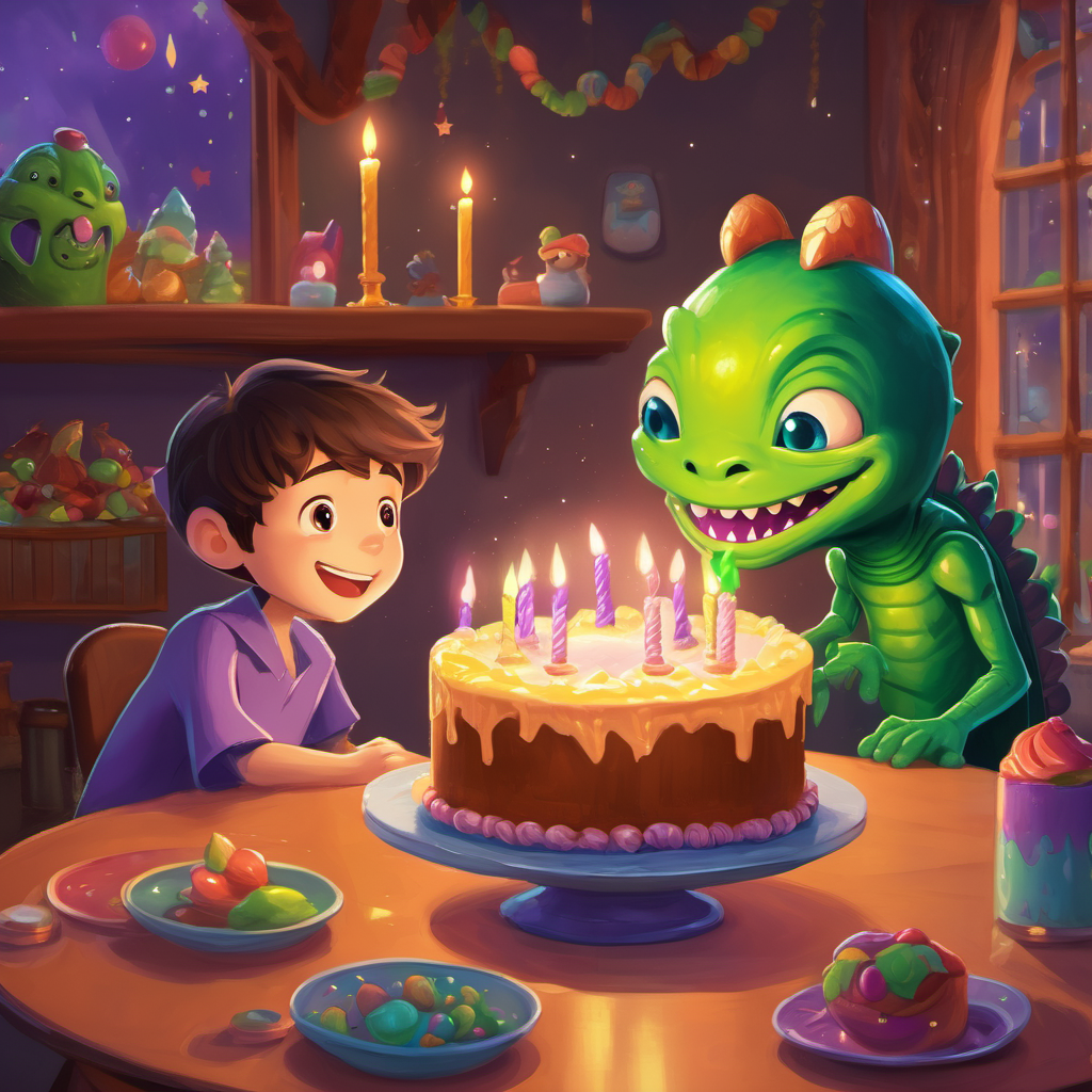 Eddie is an Earthling with brown hair and a big smile blowing candles on his birthday cake, with Zog is a green alien with purple eyes and a friendly smile holding a present