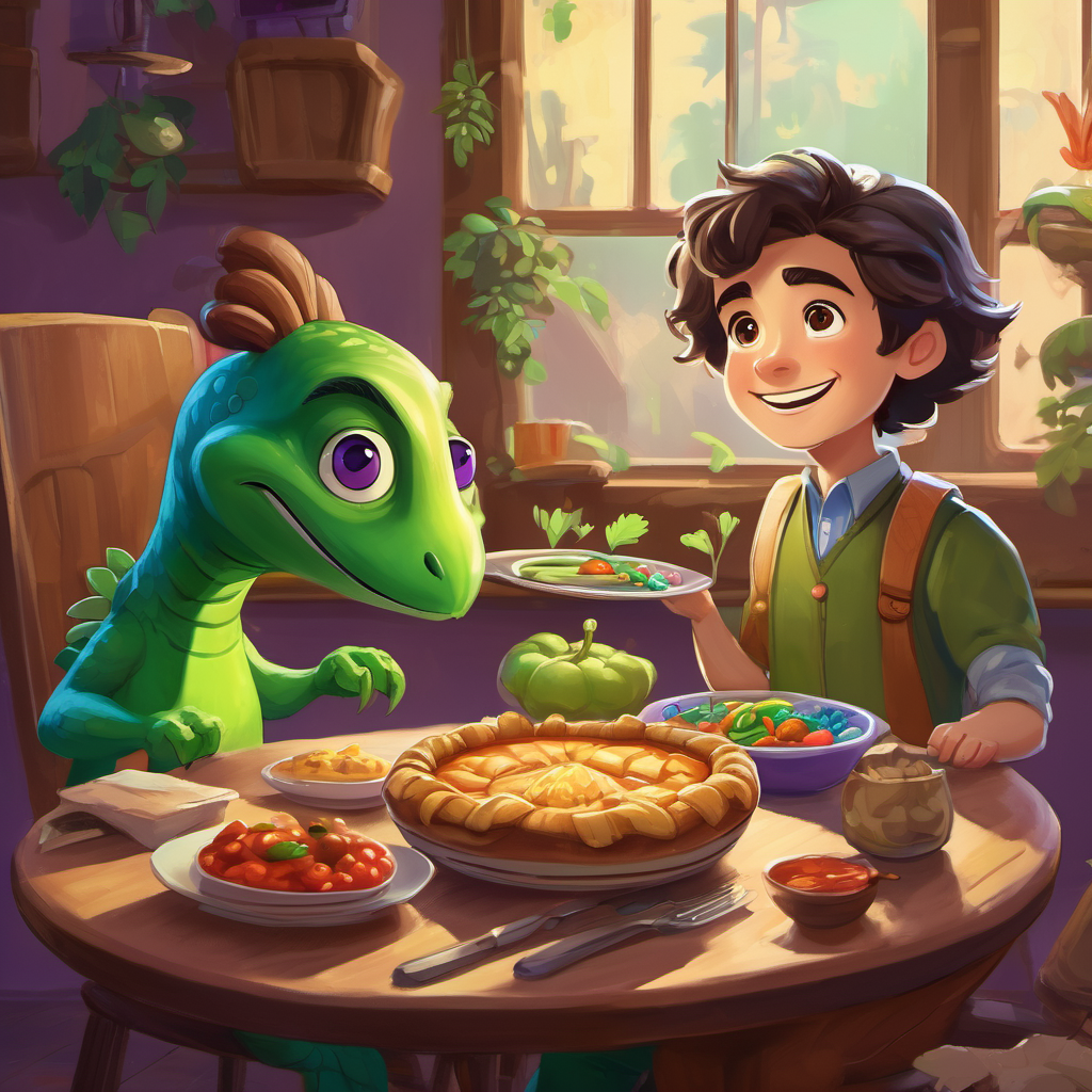 Eddie is an Earthling with brown hair and a big smile and Zog is a green alien with purple eyes and a friendly smile sitting at a table with a big meal, including a turkey and pie