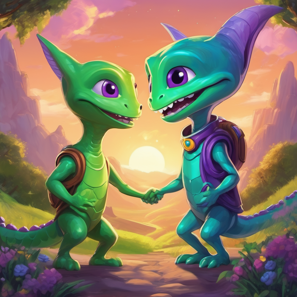 Zog is a green alien with purple eyes and a friendly smile and Eddie is an Earthling with brown hair and a big smile holding hands, laughing and looking at each other with happiness