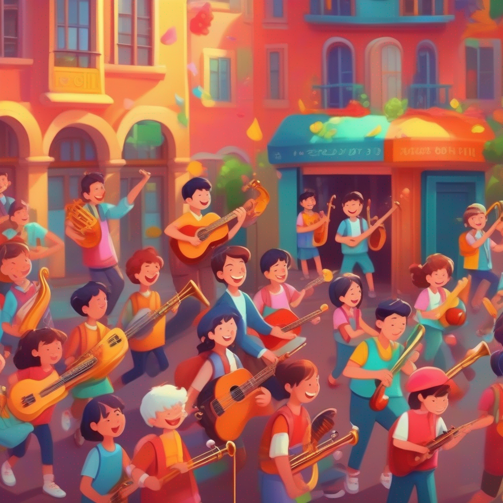 Colorful music school with happy Happy students playing instruments and singing with colorful clothes playing instruments and singing