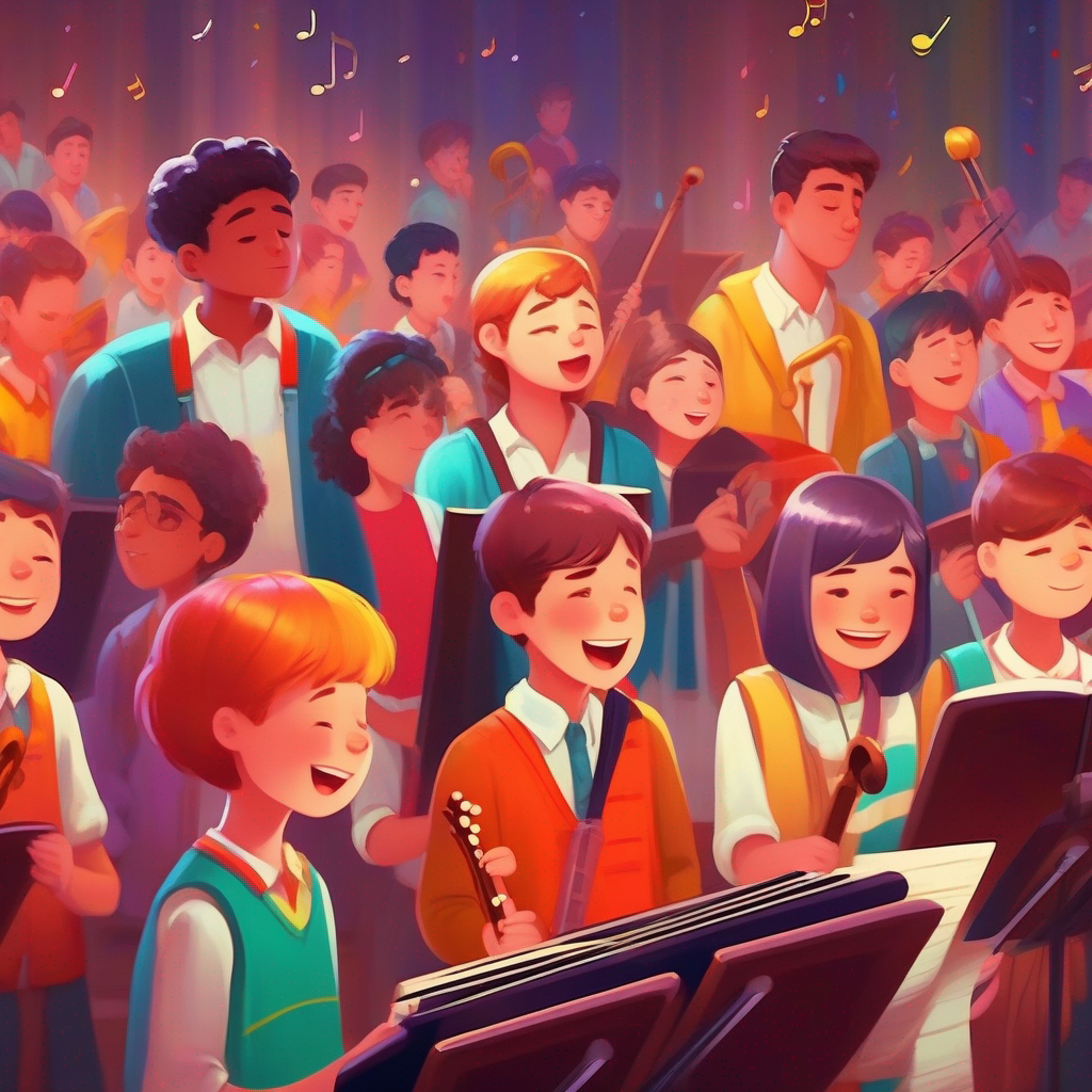 Sad Happy students playing instruments and singing with colorful clothes in a music school with missing music notes