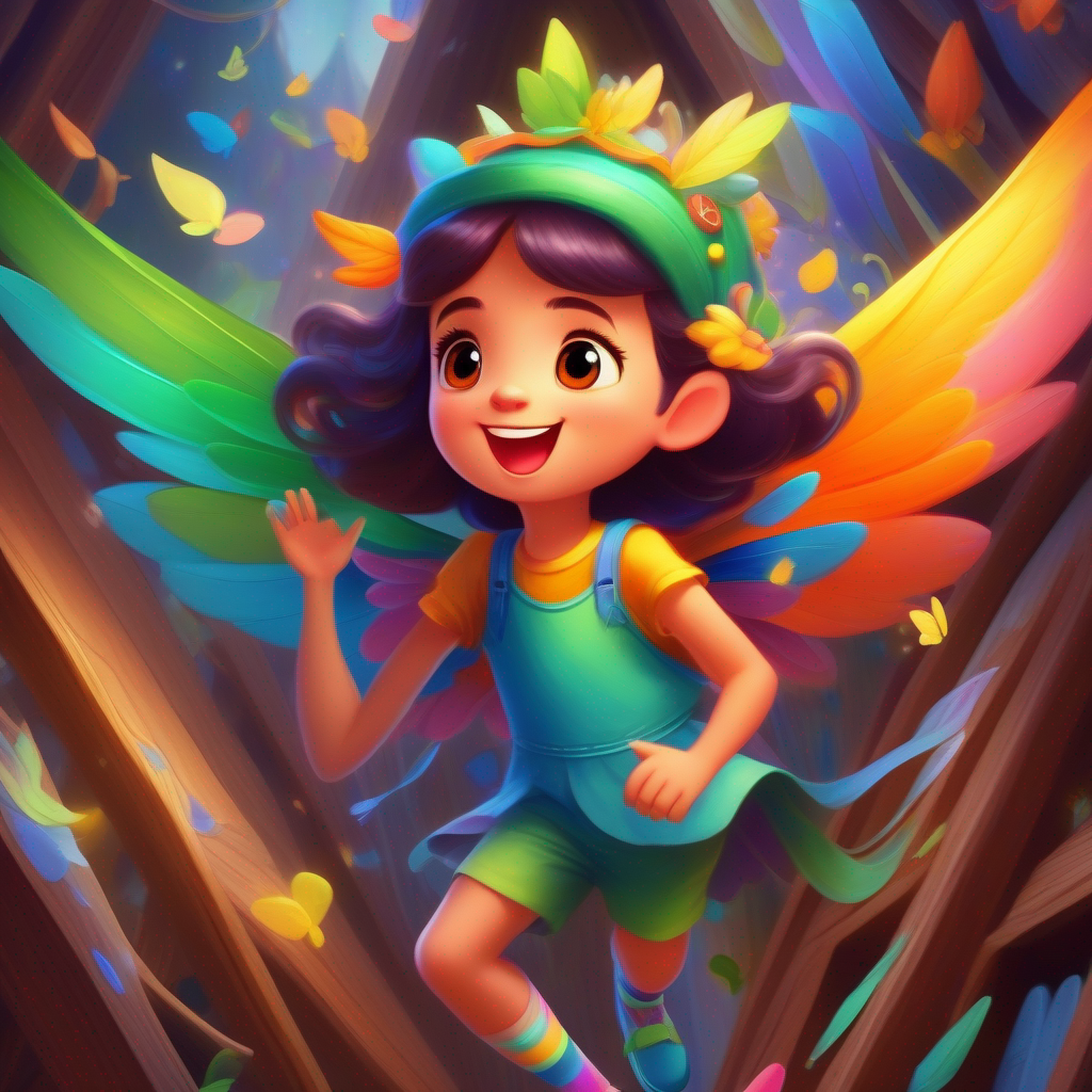 Mischievous Mischievous fairy with colorful wings and a playful expression with the missing music notes in the attic