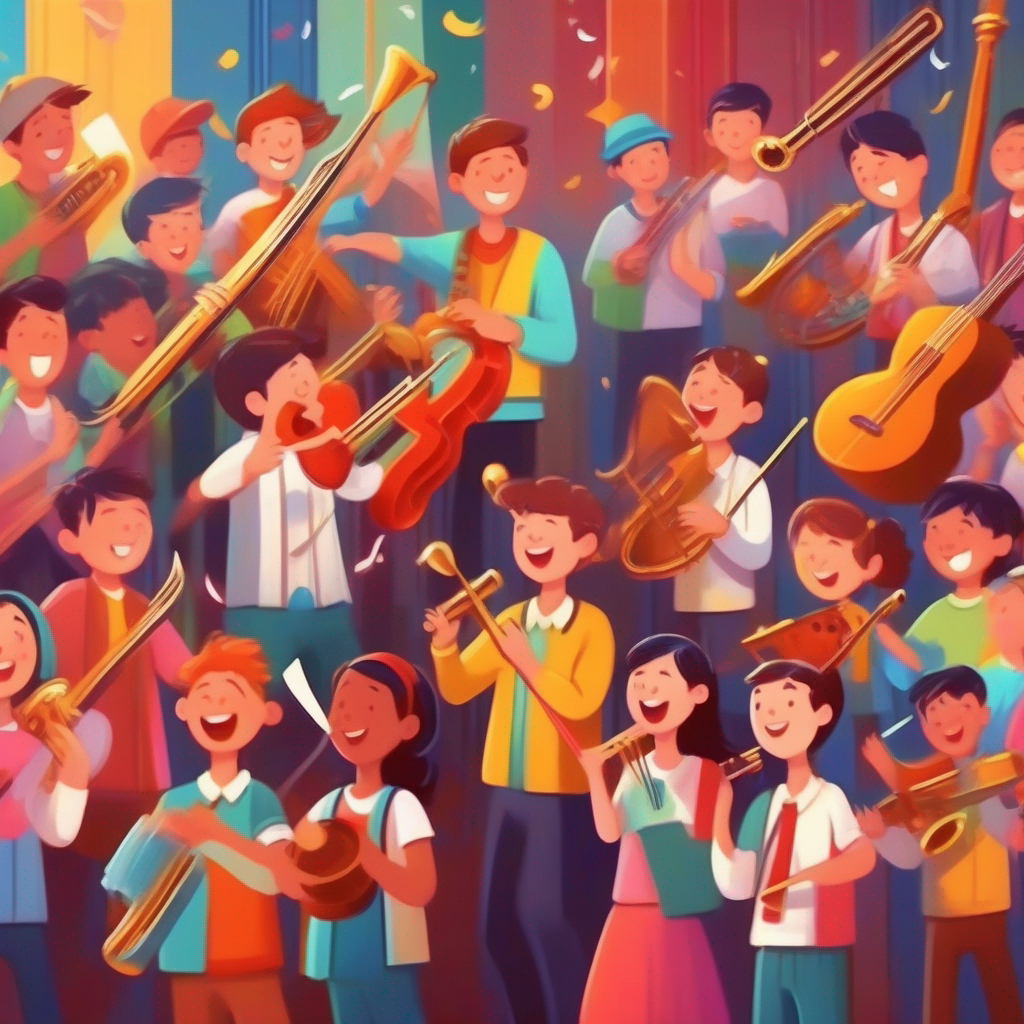 Happy Happy students playing instruments and singing with colorful clothes playing instruments and singing with the music notes