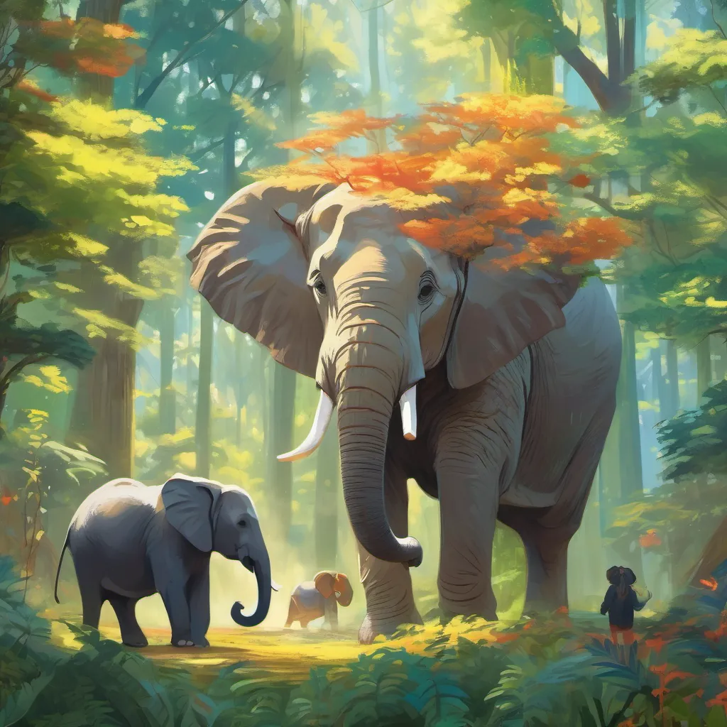 A vibrant forest scene with tall trees, sunbeams streaming through leaves, and an elephant in the center surrounded by a myriad of animals.