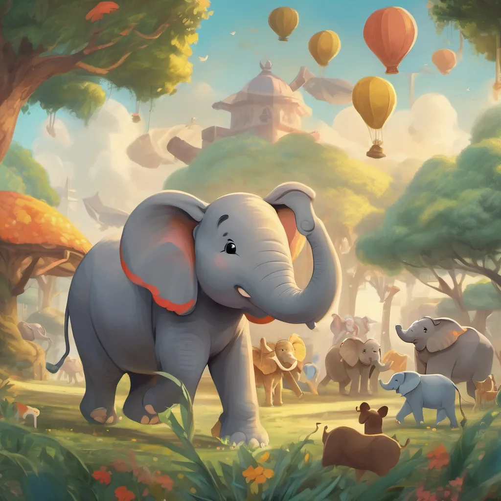 An elephant with flapping ears and a dancing trunk, surrounded by animals listening with big smiles.