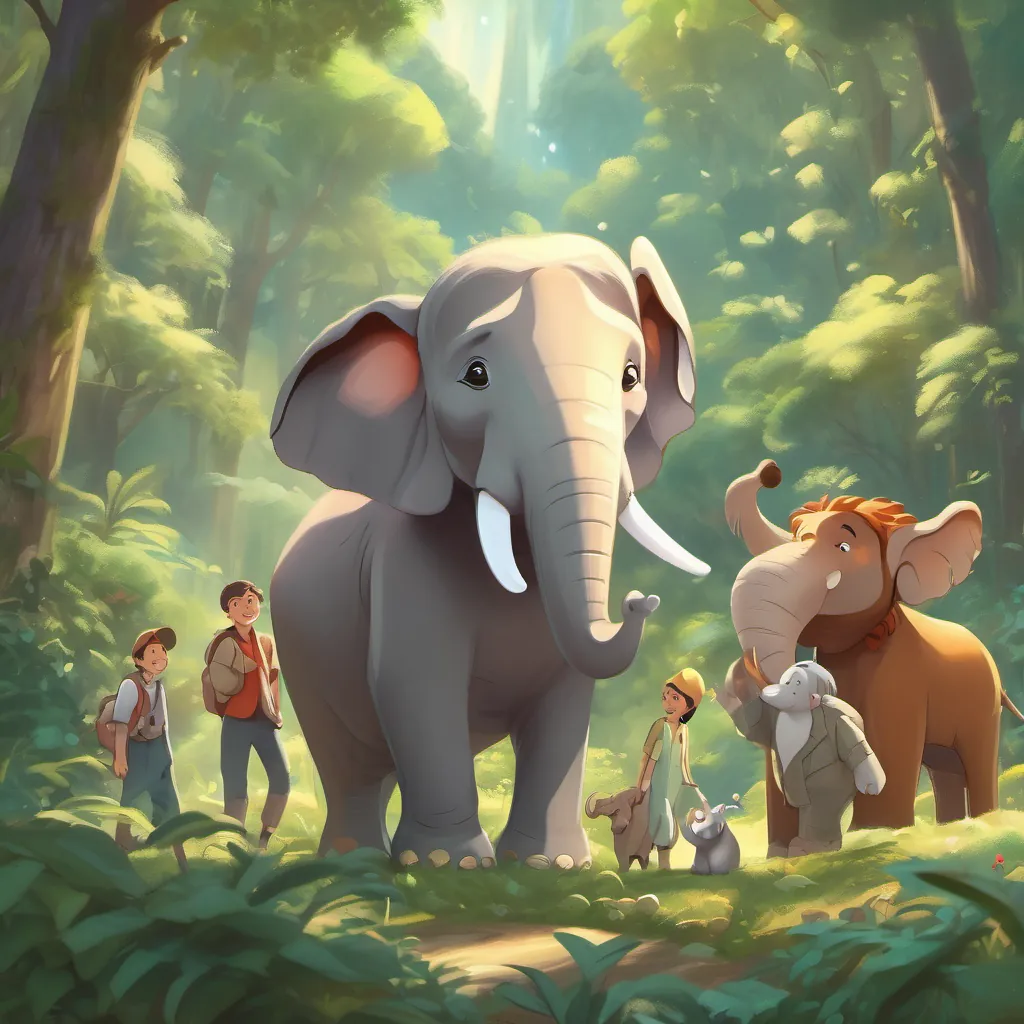 A close-up of A strong and kind-hearted elephant with big ears and a caring demeanor, leading the forest animals and his friends, smiling with warmth, surrounded by the serene forest.