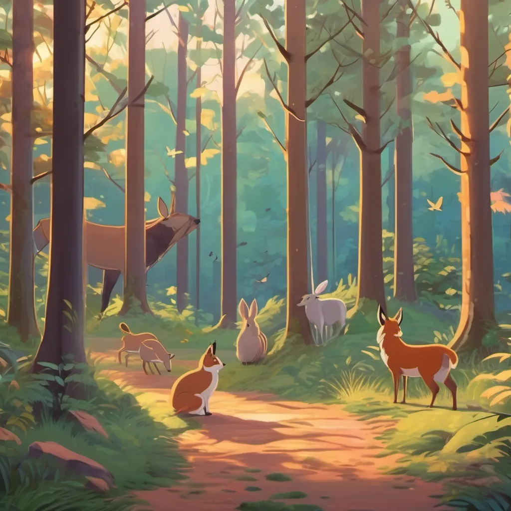 The forest at sunset with animals resting peacefully under the dimming sky, dreaming together.