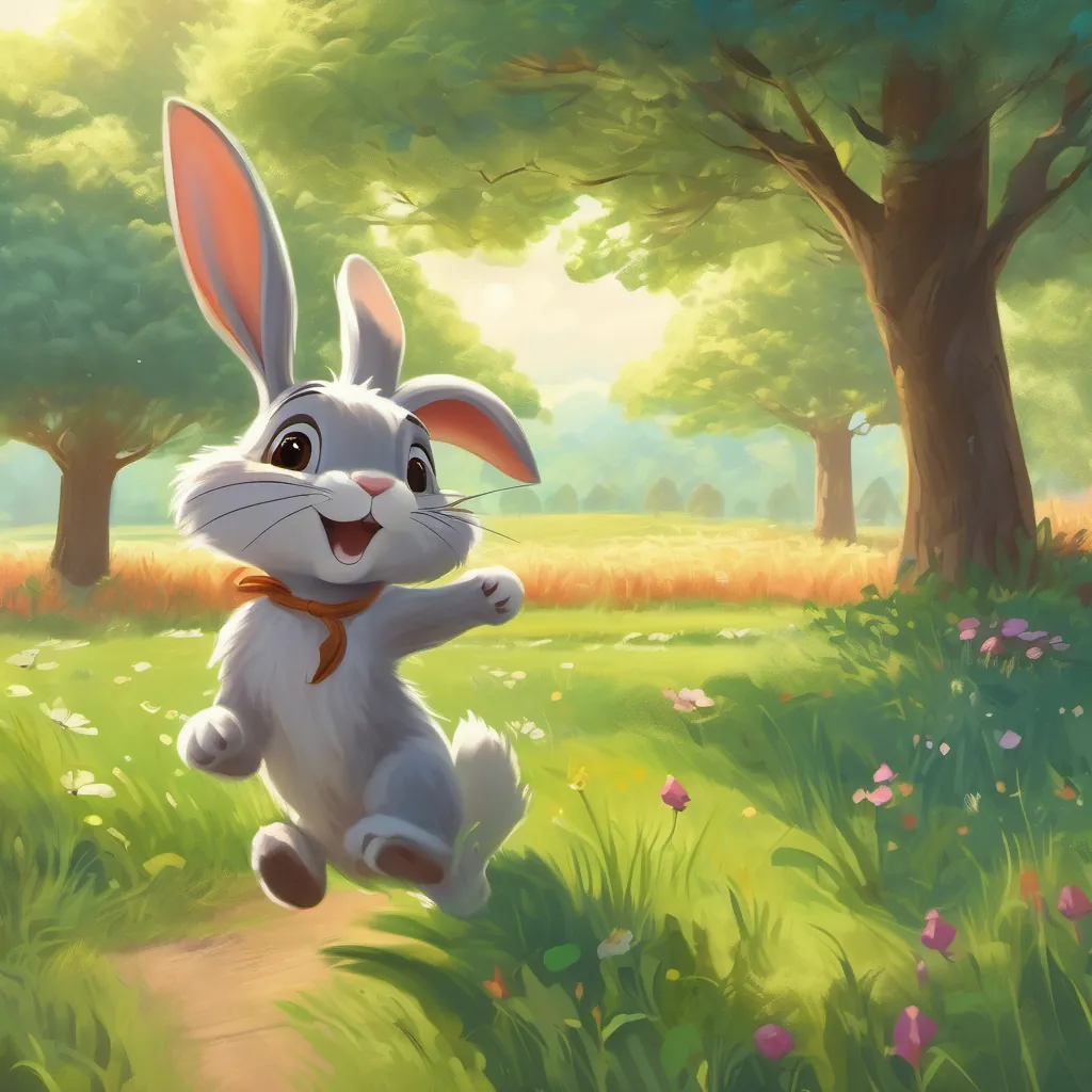 A lively rabbit with long ears, nibbling grass and playfully skipping in the meadow under trees.