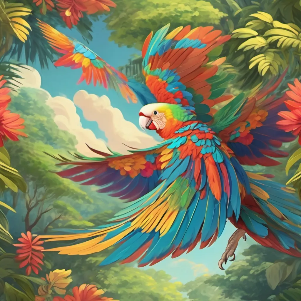 A colorful parrot soaring high in the sky, singing joyfully with the forest as a backdrop.