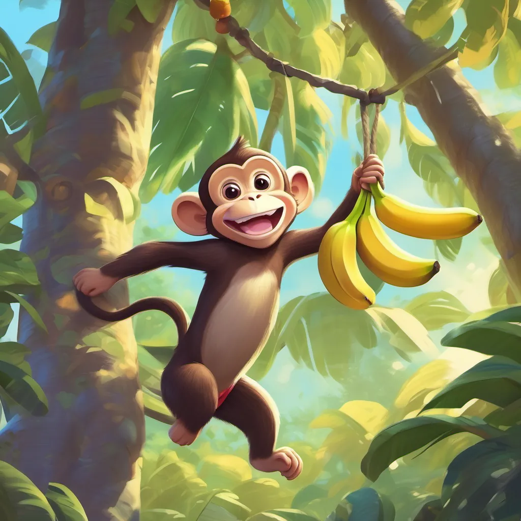 A playful monkey swinging through the trees, holding a banana, laughing with visible joy.