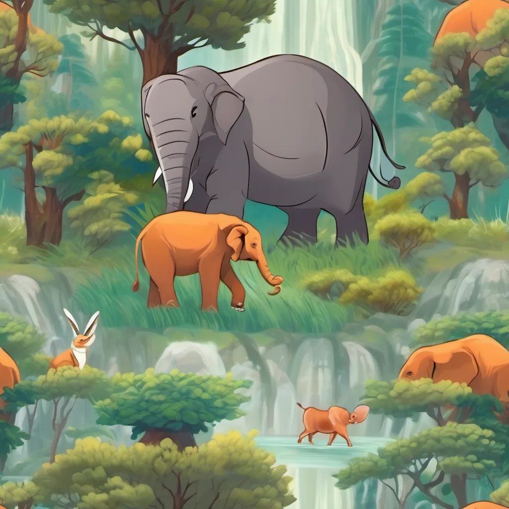 A strong and kind-hearted elephant with big ears and a caring demeanor, leading the forest animals standing strong amidst the storm, offering refuge to smaller animals gathering around.