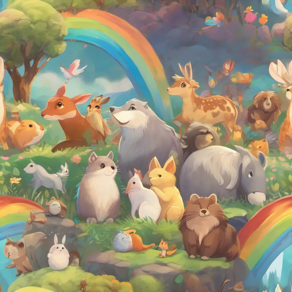 Animals gathering together, celebrating under a sky with a rainbow, their hearts filled with joy.