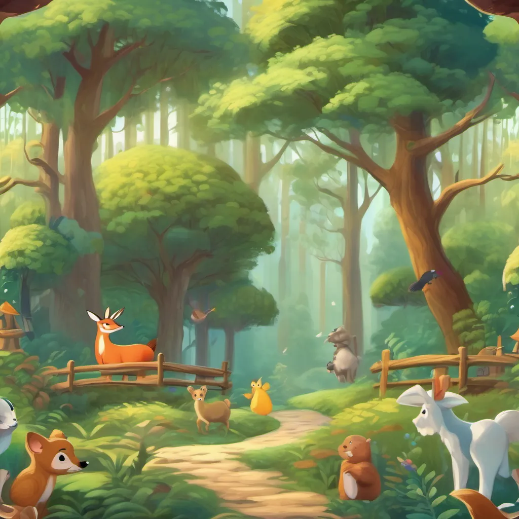 A peaceful forest scene with animals playing together joyfully, embracing the beauty of their home.