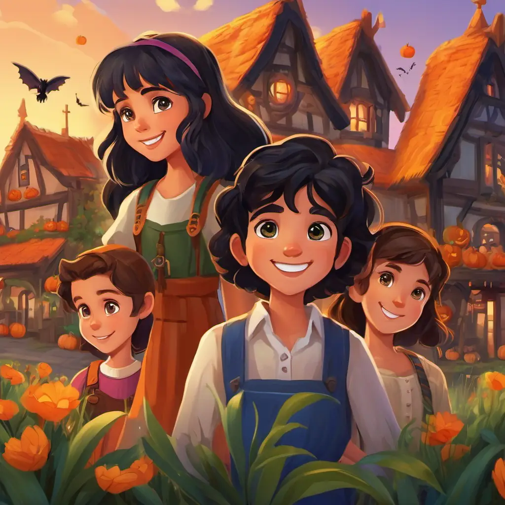The story begins in a colorful village with five siblings: Sara has brown hair, blue eyes, and a big smile, Maya has curly black hair, brown eyes, and a cheerful face, Leila has long blonde hair, green eyes, and a friendly grin, Adam has short black hair, brown eyes, and a mischievous look, and Ali has spiky brown hair, hazel eyes, and a playful expression. They are happy and love playing together.