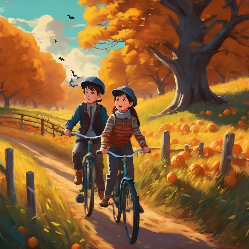 The siblings are on a treasure hunt. They ride their bicycles through fields and trees, looking for clues.