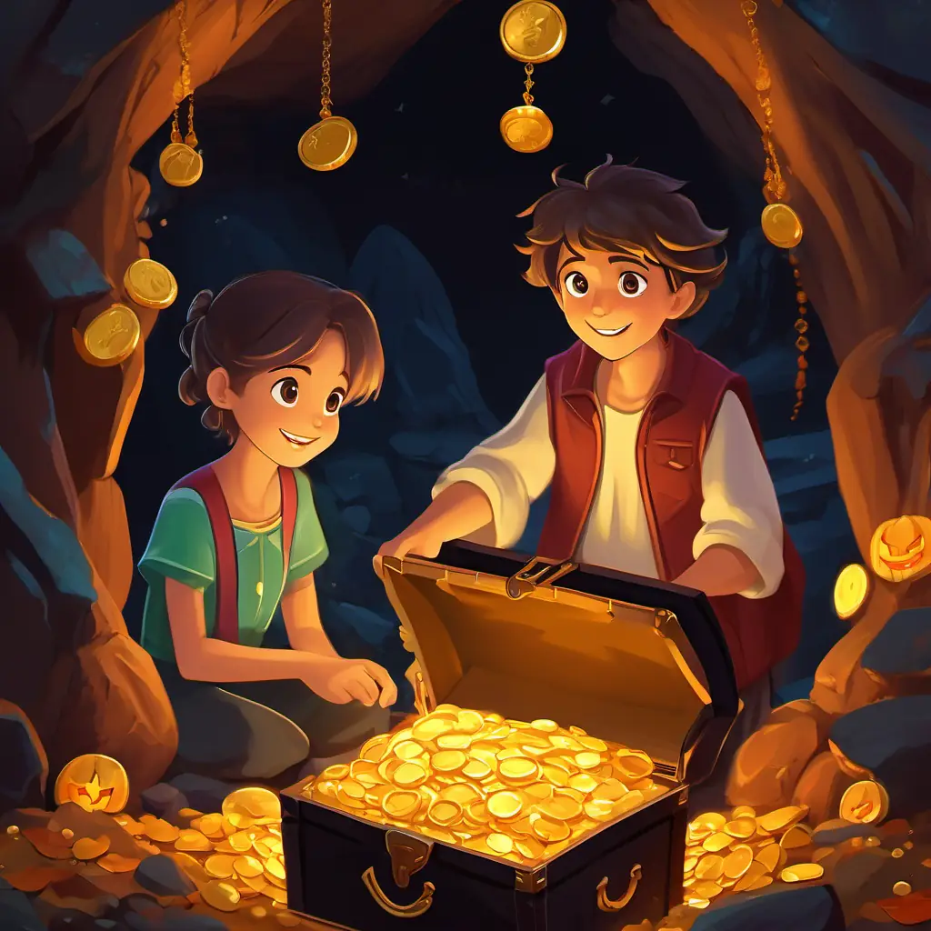 Inside the cave, the siblings find a chest filled with gold coins and shiny jewels. They decide to share the treasure equally, showing fairness and kindness.