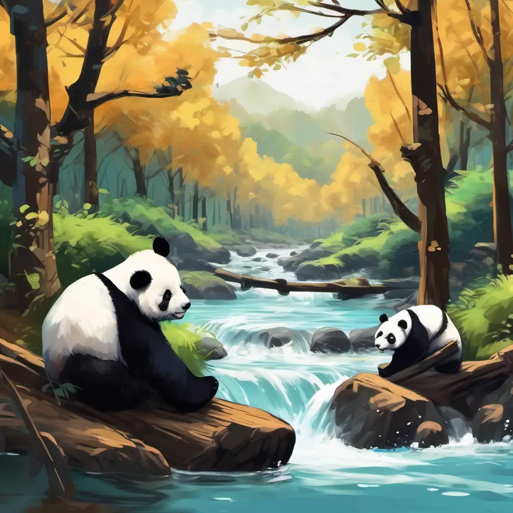 Fluffy black and white panda, with big round eyes swinging from a tree branch, surrounded by brown bears fishing in the river.