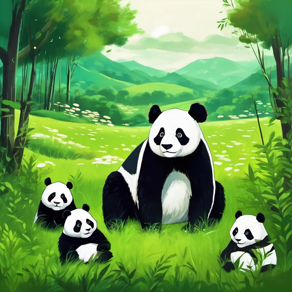 Fluffy black and white panda, with big round eyes looking at an old photo of a panda family in a green meadow.