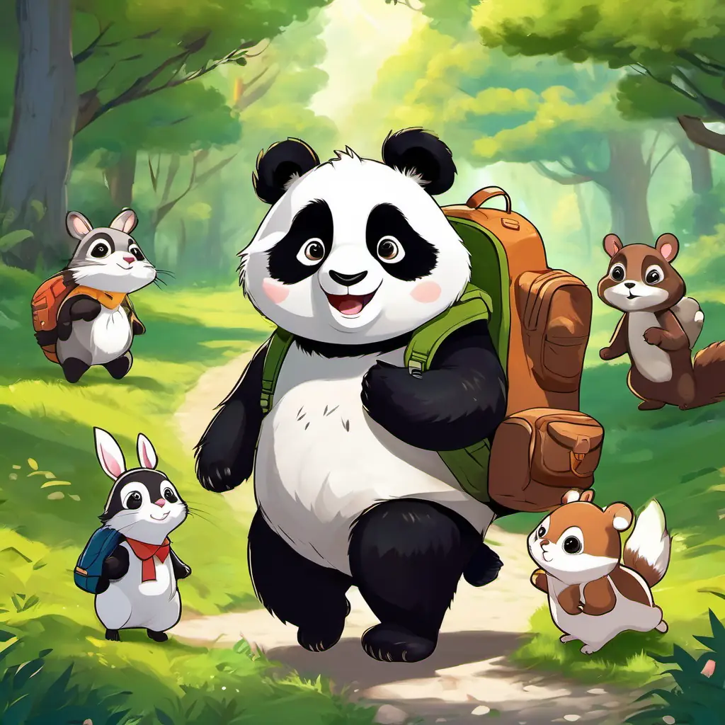 Fluffy black and white panda, with big round eyes marching proudly with a backpack, surrounded by a rabbit, a squirrel, and a chipmunk, all smiling.