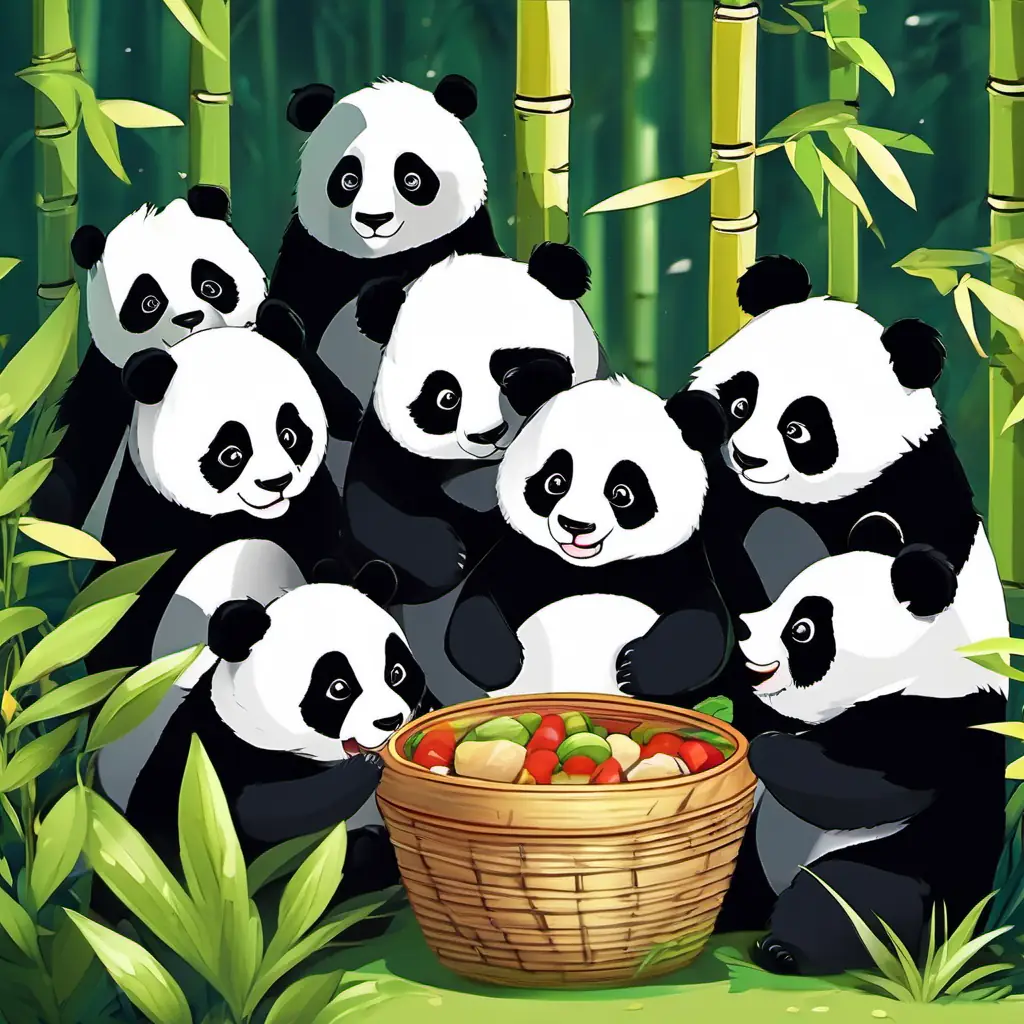 Fluffy black and white panda, with big round eyes in a joyful panda village, sharing a bamboo feast with other pandas.