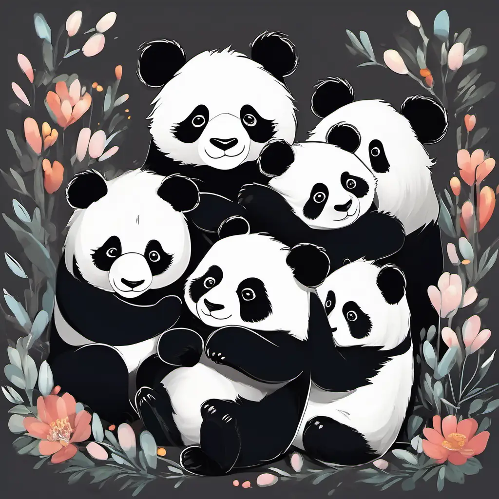 Fluffy black and white panda, with big round eyes snuggled with panda family, surrounded by love and laughter.