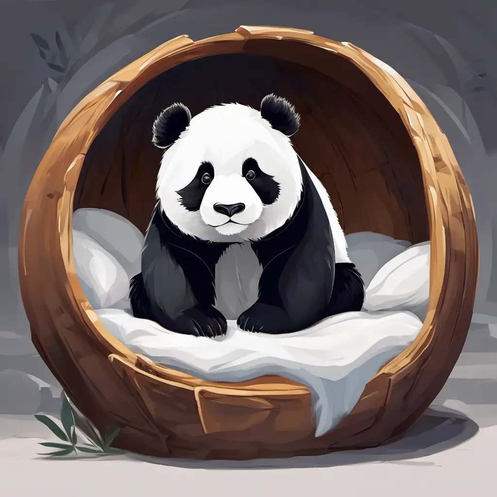 Fluffy black and white panda, with big round eyes curled up in a cozy panda den, ready for sweet dreams.