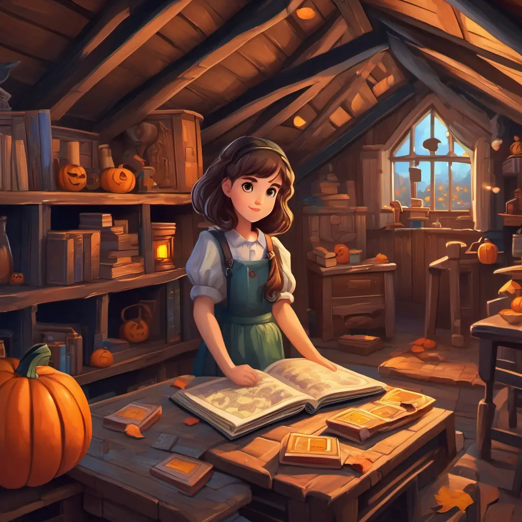 Curious girl with brown hair and bright hazel eyes standing in the attic with the old English puzzles book surrounded by boxes and furniture.