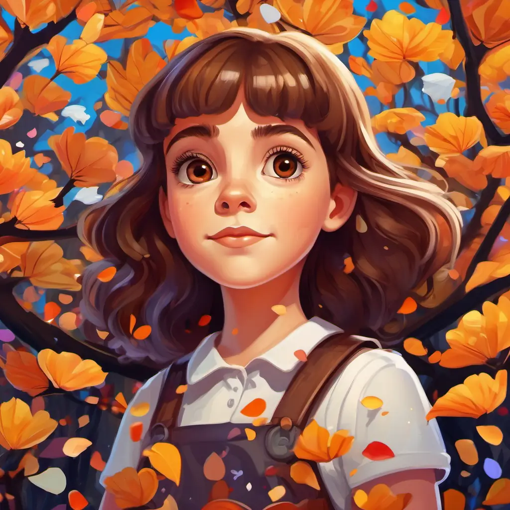 Curious girl with brown hair and bright hazel eyes standing in Wordgarden with colorful alphabet trees and flower petals forming words in the air.