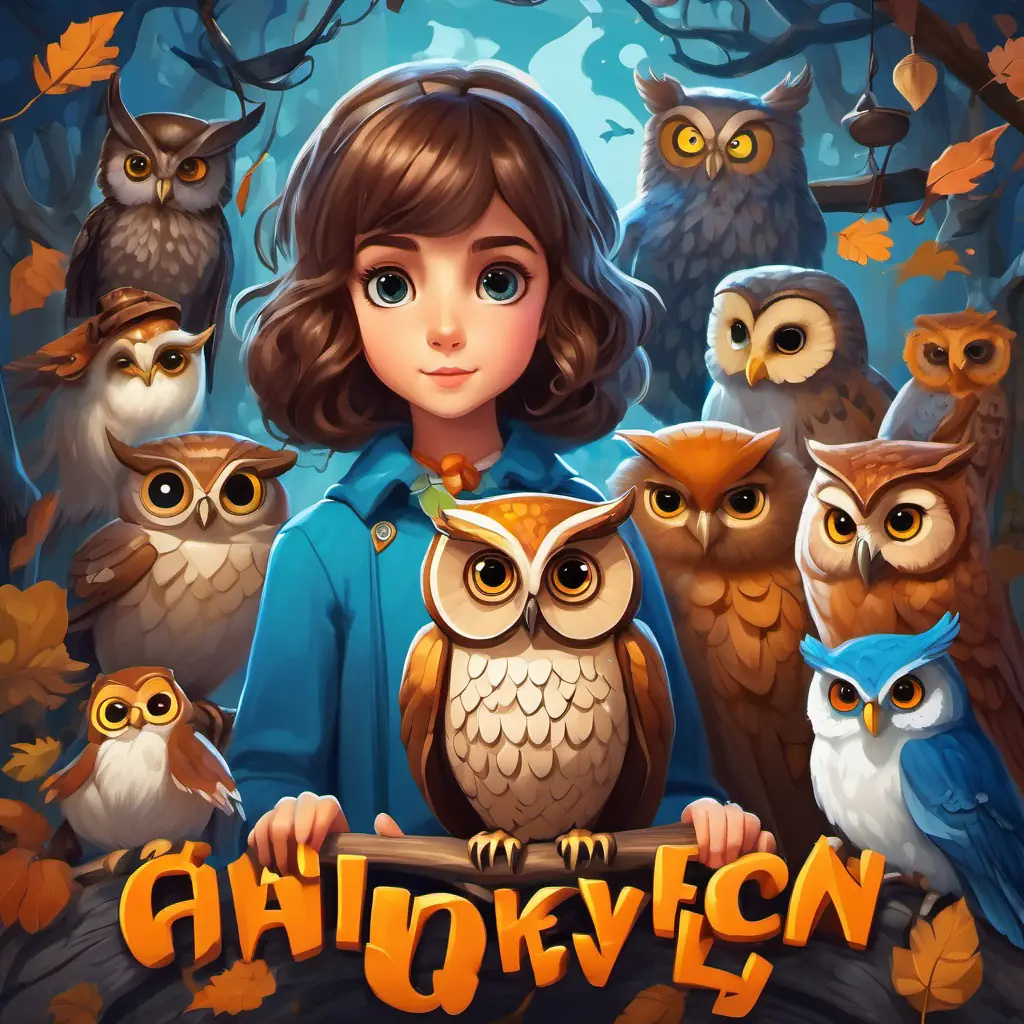 Curious girl with brown hair and bright hazel eyes and Friendly owl with blue feathers and big round eyes standing side by side, holding a puzzle piece, surrounded by other animals made of letters.