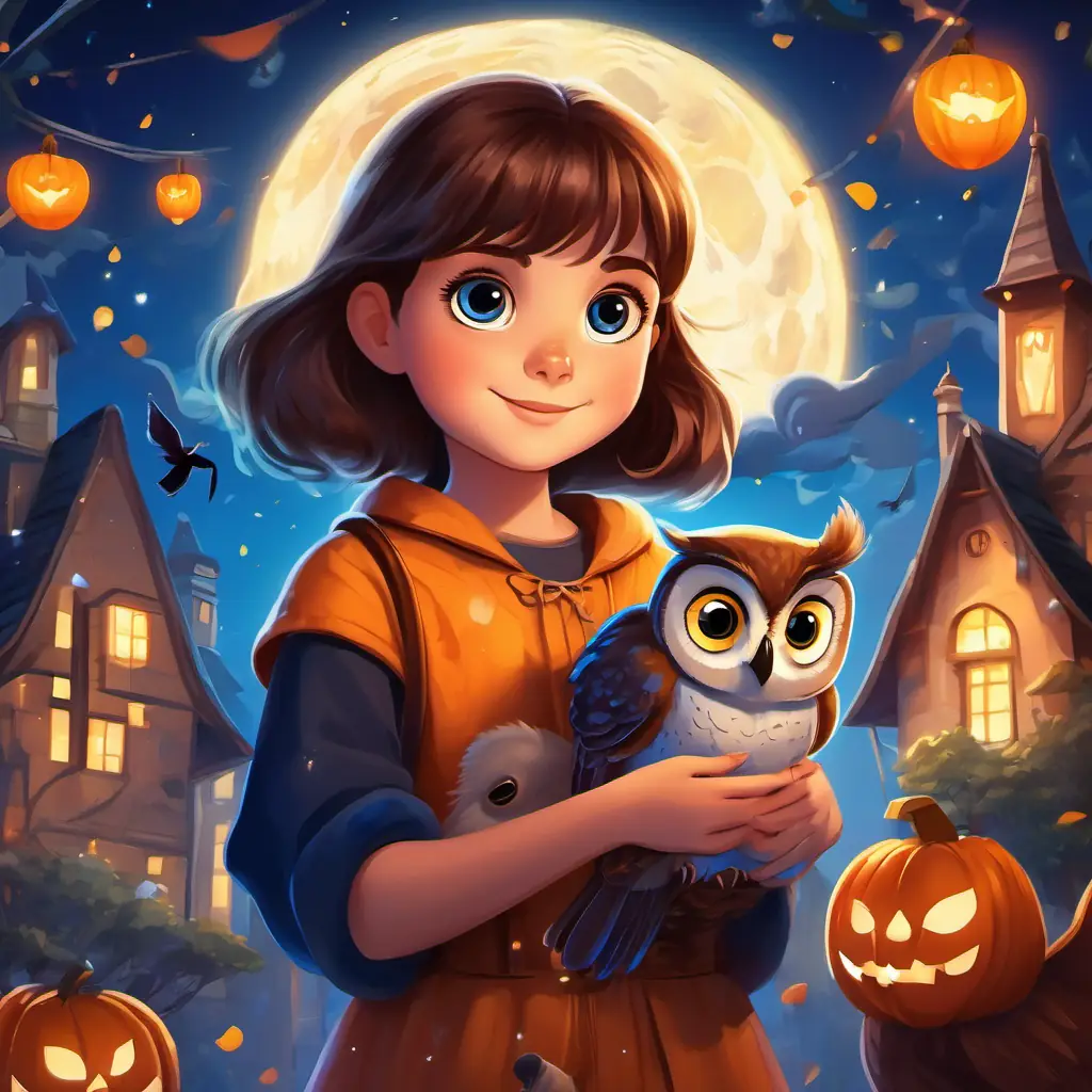 Curious girl with brown hair and bright hazel eyes and Friendly owl with blue feathers and big round eyes solving a puzzle with fireworks lighting up the sky and happy animals watching.