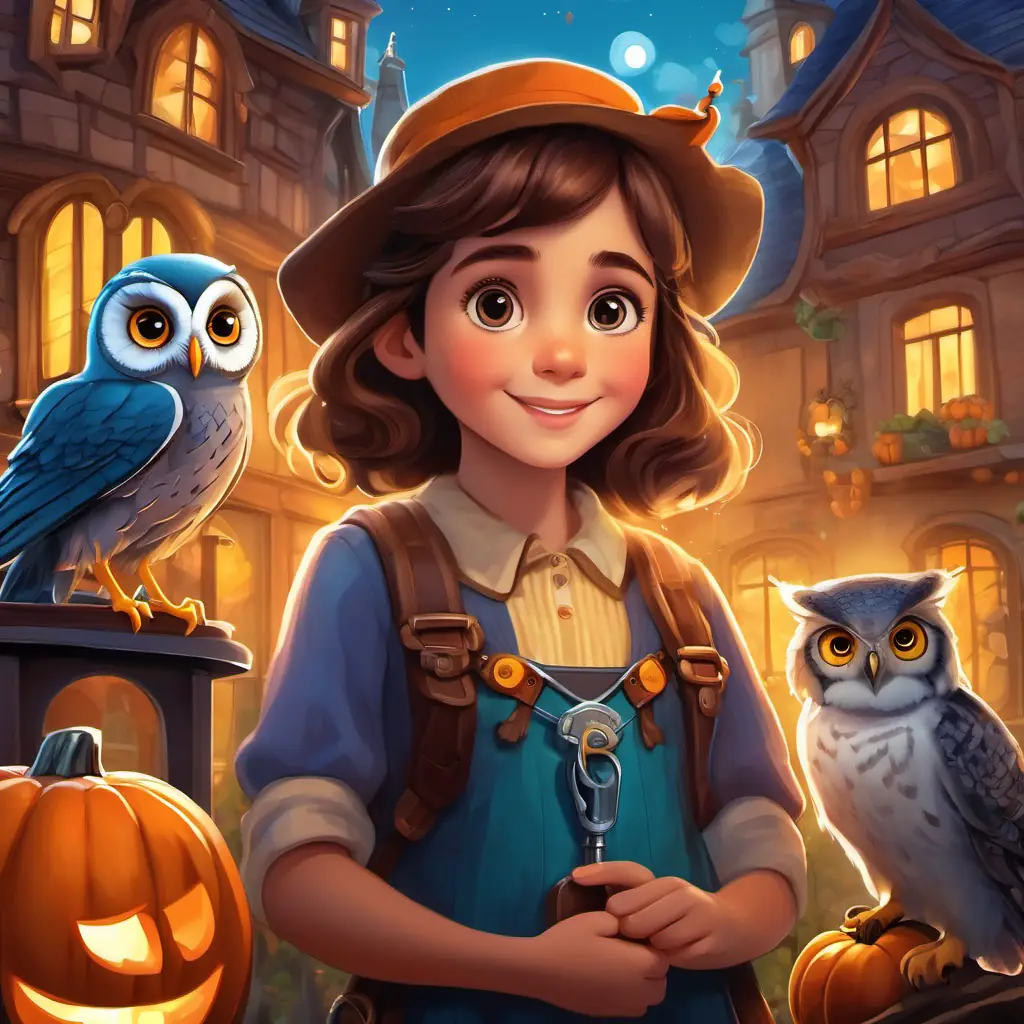 Curious girl with brown hair and bright hazel eyes and Friendly owl with blue feathers and big round eyes holding the magical key, smiling with friends and family around them in Puzzleville.