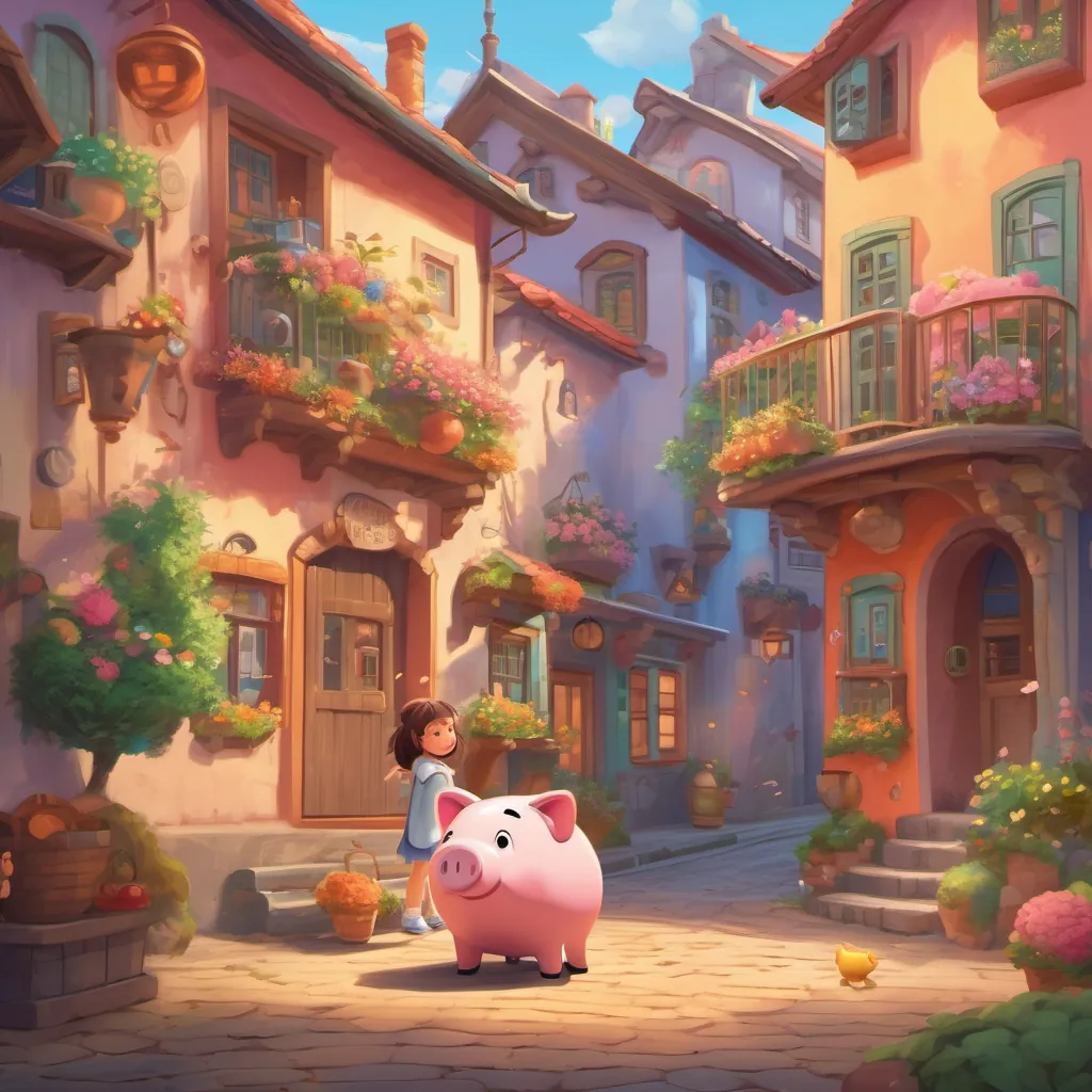 A quaint and colorful town with lively surroundings, featuring a little girl dropping a coin into a whimsical, animated piggy bank in her room.