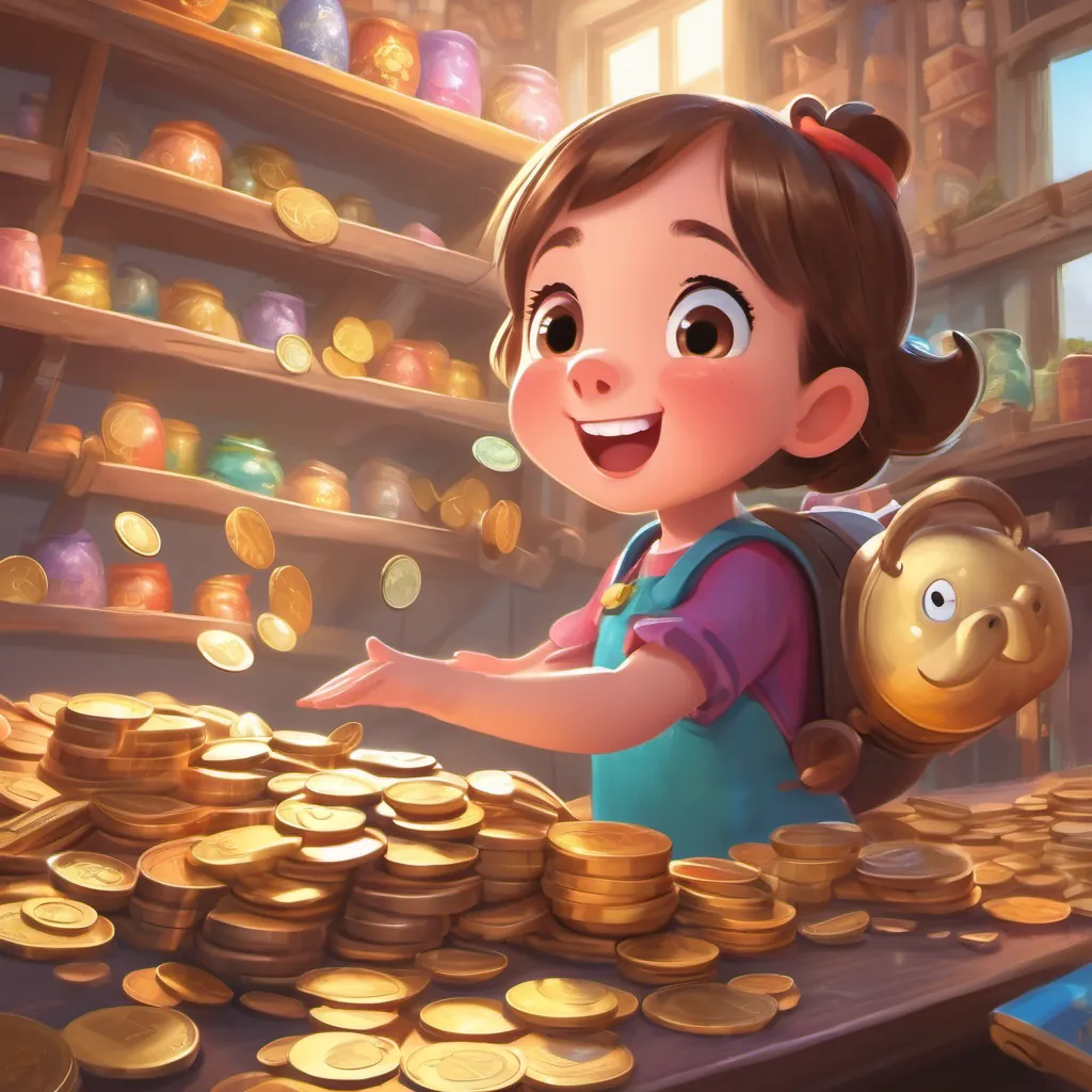 A close-up of the magical piggy bank singing and A cheerful, determined little girl with wide eyes and a big smile, wearing bright, playful clothes smiling joyfully as she adds coins.