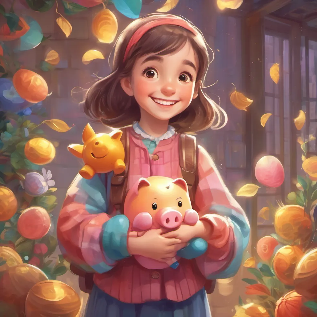 A cheerful, determined little girl with wide eyes and a big smile, wearing bright, playful clothes hugging her piggy bank with a grateful smile, and the piggy bank twinkling back at her.